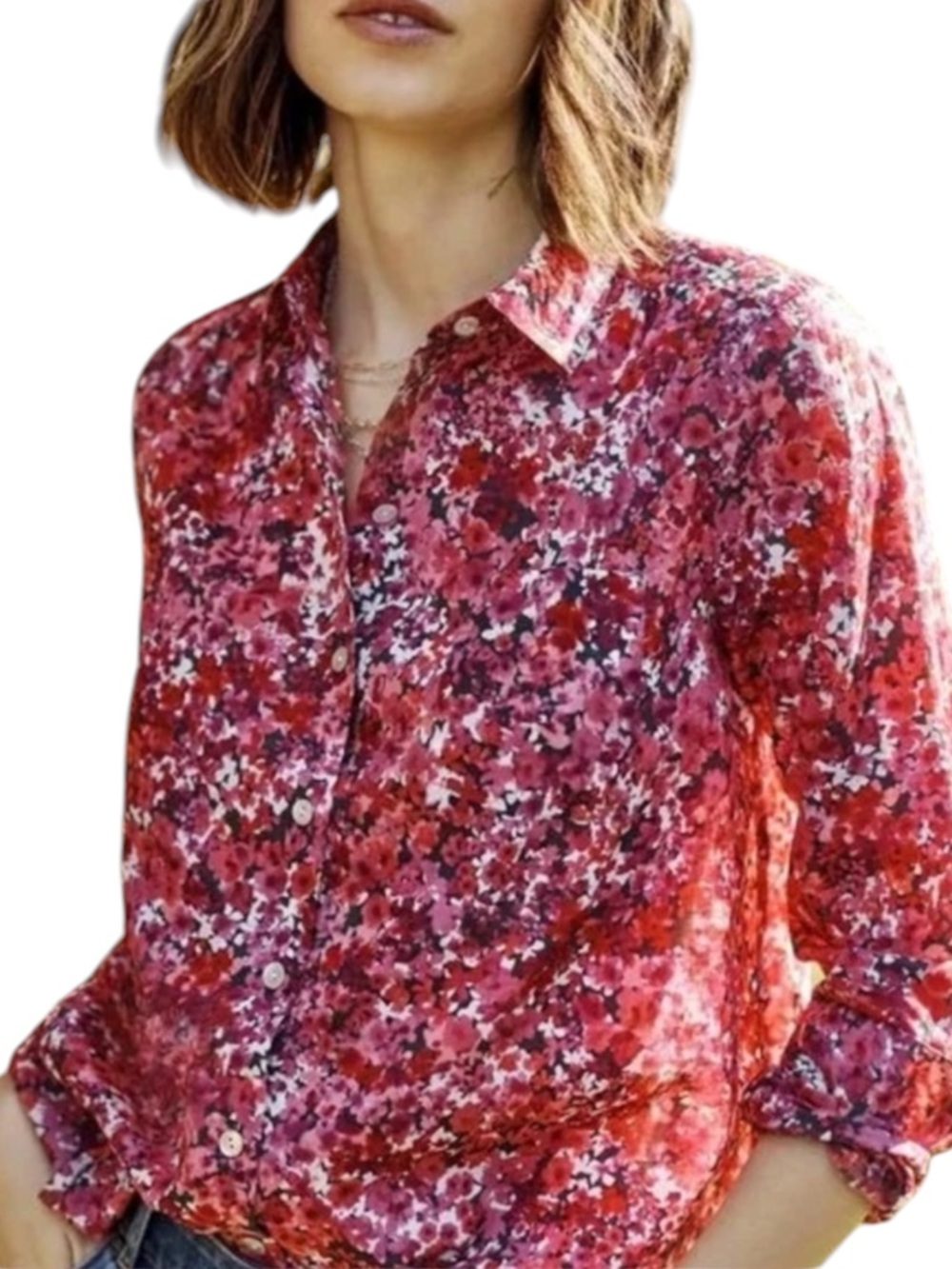 J.Jill Women Pink Floral Cotton Button Down Long SleeveTop M Lightweight #239541